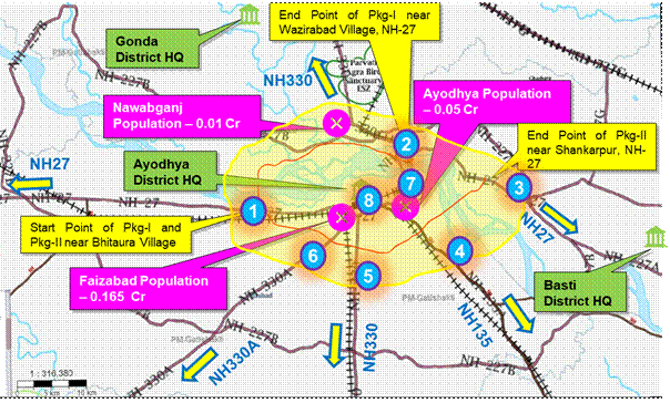 Road Map of Ayodhya Bypass. Bypass road will be built in Ayodhya