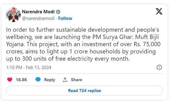 PM Surya Ghar Free Electricity Scheme Launched 2024